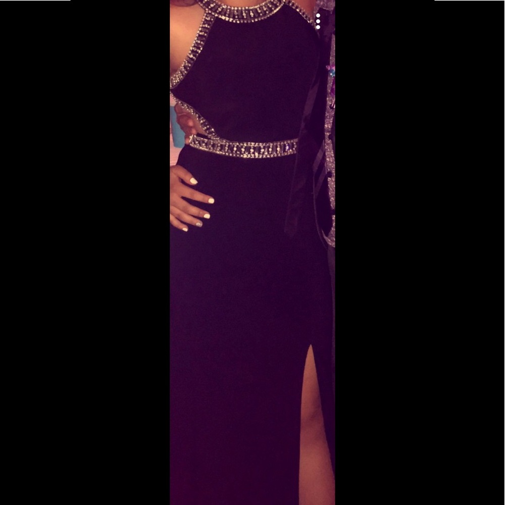 Camille le vie black rhinestone prom dress